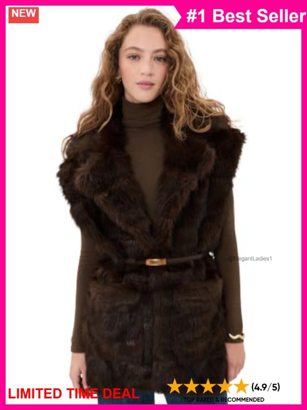 Faux Fur Sleeveless Vest with Faux Leather Belt & Patch Pockets
